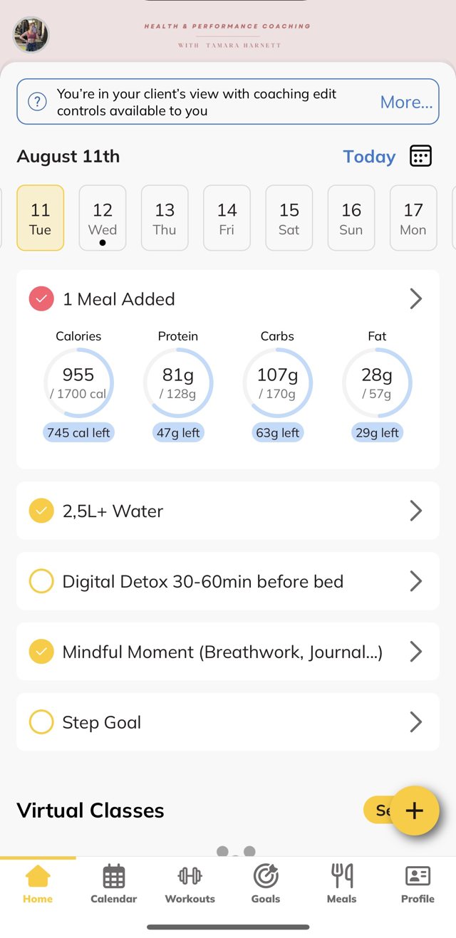 App home screen with daily nutrition rings and habit checklist