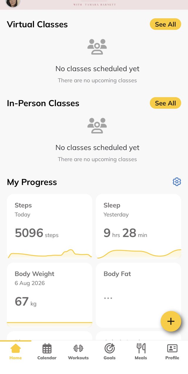 App progress screen showing steps, sleep and body weight
