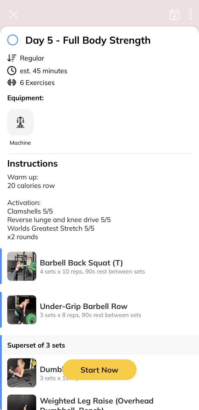 App workout screen for Day 5 Full Body Strength