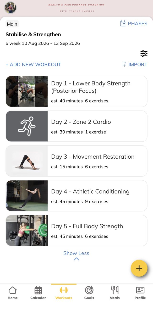 App workouts screen listing five training days